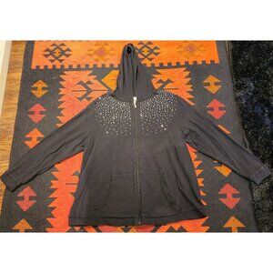 Quacker Factory 1X Black Hoodie With Rhinestone Accents & Pockets